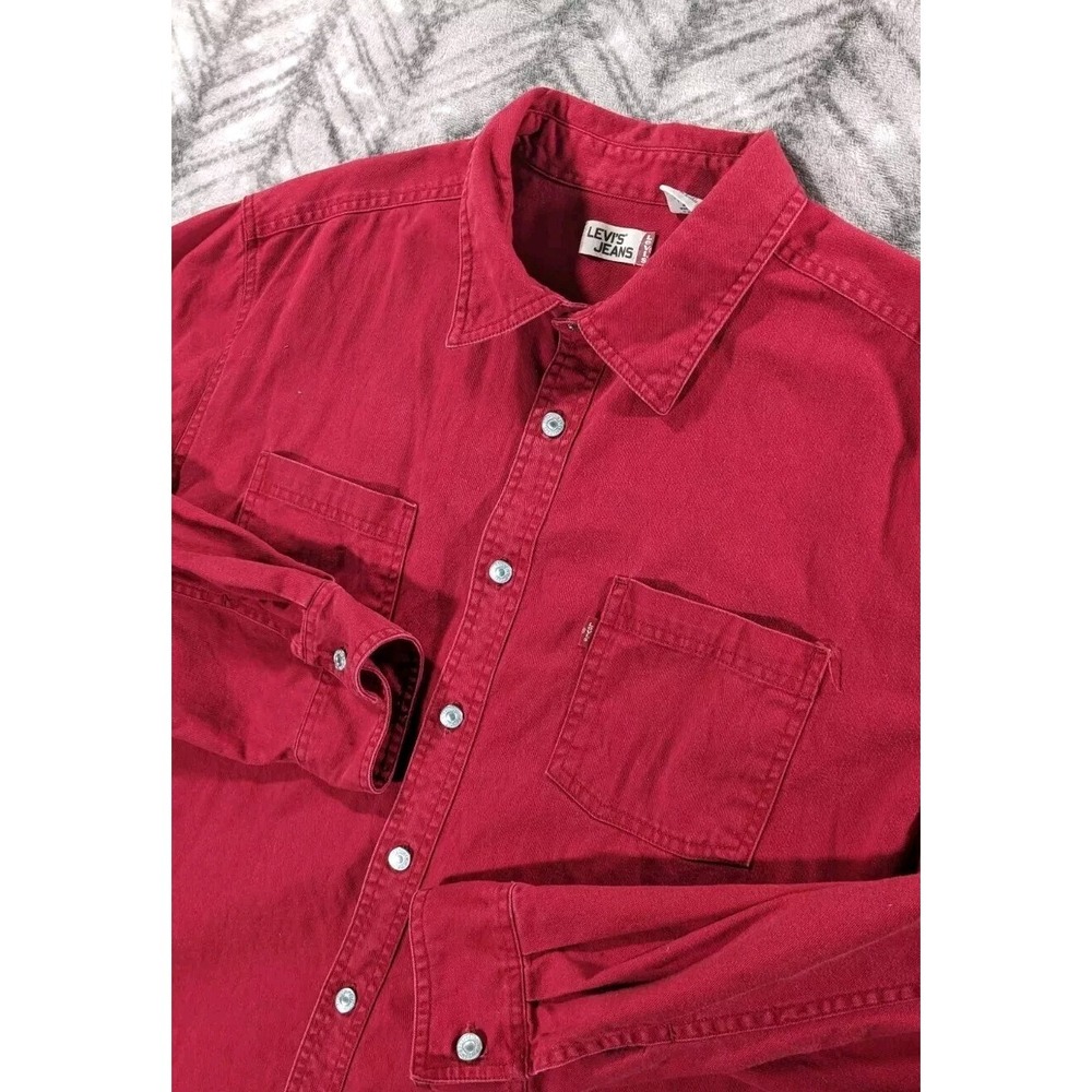 Vtg Y2K Levis Jeans Red Denim Shirt Mens XL Metal Button Heavyweight Western